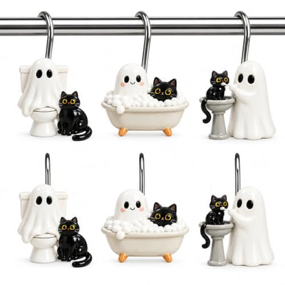 Halloween Shower Curtain Hooks Ghost & Black Cat Set - 12 Pack