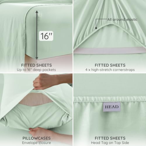 King Size French Linen Blend Sheets with Austria Tencel - Sage Green, Skin-Friendly, Deep Pocket fitted set
