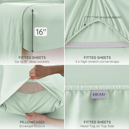 King Size French Linen Blend Sheets with Austria Tencel - Sage Green, Skin-Friendly, Deep Pocket fitted set