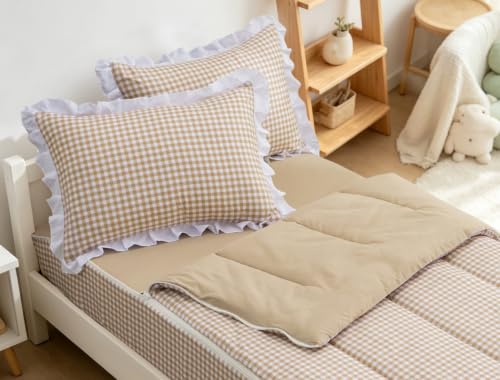 Girls Full Plaid Zipper Bedding Set - Khaki with Ruffle Details