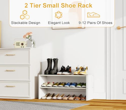 2-Tier Small Shoe Rack Organizer - White, 28.5 Inch, Holds 9-12 Pairs - Stackable Closet Storage