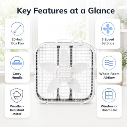 20 Inch Box Fan with 3 Speed Settings, Weather-Resistant Motor for Floor or Window Use