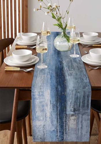 Burlap Linen Table Runner 13x120 Inch - Rustic Farmhouse Style Blue Ombre