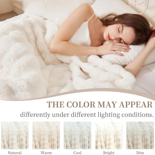 Cream White Faux Fur Throw Blanket 50x60 Plush Fuzzy Bubble for Sofa & Bedroom