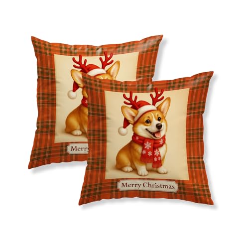 Christmas Corgi Throw Pillow Covers Set of 2 - 18x18 Inch, Reindeer & Plaid Design - Variation of Christmas Corgi#02