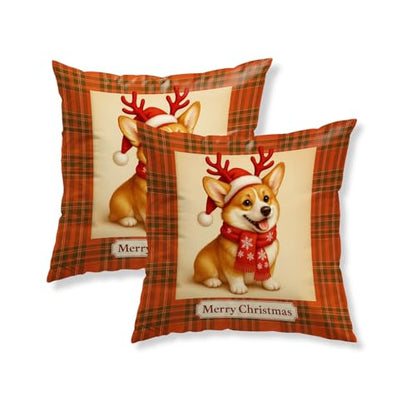 Christmas Corgi Throw Pillow Covers Set of 2 - 18x18 Inch, Reindeer & Plaid Design - Variation of Christmas Corgi#02