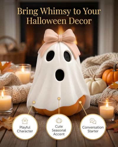 GoGnome Halloween Ghost Pumpkin Figurine - Pink Bow White Resin Fall Decor