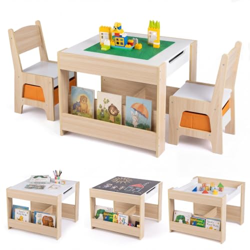 Costzon 4 in 1 Kids Activity Table and Chairs Set - Natural & Green, Reversible with Building Blocks, Storage
