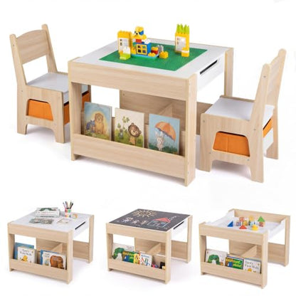 Costzon 4 in 1 Kids Activity Table and Chairs Set - Natural & Green, Reversible with Building Blocks, Storage