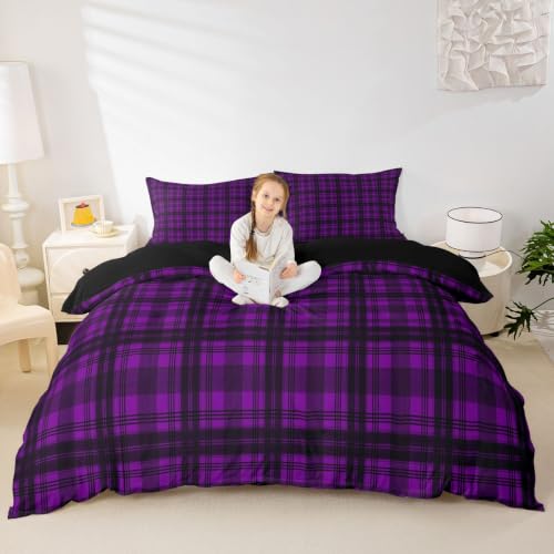 Purple Buffalo Plaid Duvet Cover Set Queen Size Vintage Geometric Bedding with Pillowcases - Black & Purple