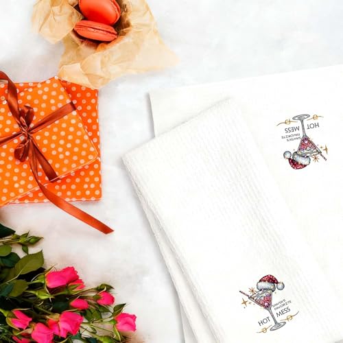 White Christmas Cocktail Kitchen Towels - Santa Hat Martini Glass Decorative Hand Towels, Fun Holiday Dish & Bath Decor, 16x24 Inch - Variation of THIS listing
