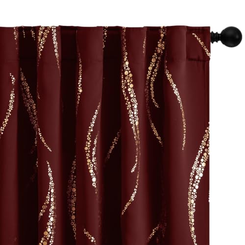 Yakamok Burgundy Gold Wave Line Dots Light Blocking Curtains 38x63 Inches Pair with Back Tab