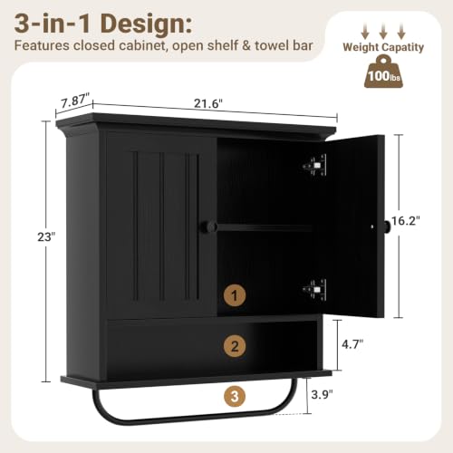 Besiost Farmhouse Bathroom Wall Medicine Cabinet with Removable Towel Bar - Black