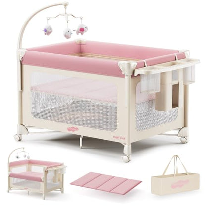 Pamo Babe 5-in-1 Portable Bedside Crib Playard with Mattress - Pink