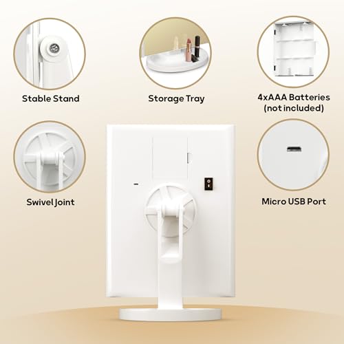 White Lighted Makeup Mirror with LED Lights, Trifold Vanity with 1X/2X/3X/10X Magnification, Touch Control, Portable Travel Cosmetic Mirror