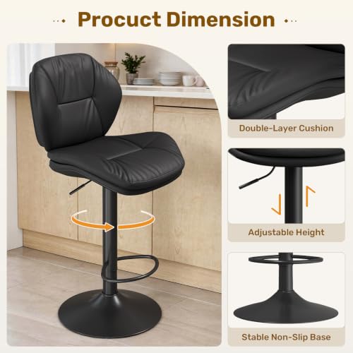 Nalupatio Set of 3 Black Adjustable Swivel Bar Stools with Double-Layer Upholstered Seats