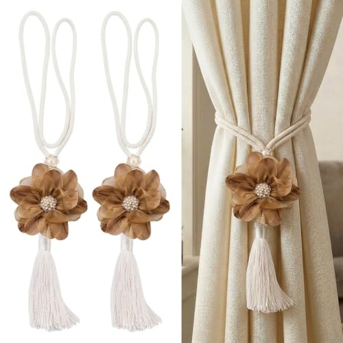 Sandy Brown Amber Flower Curtain Tiebacks with Tassel and Pearl Bead - 2 Pcs