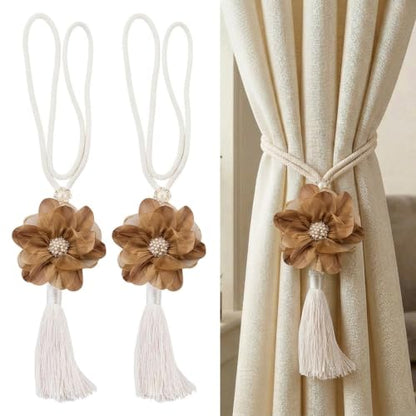 Sandy Brown Amber Flower Curtain Tiebacks with Tassel and Pearl Bead - 2 Pcs