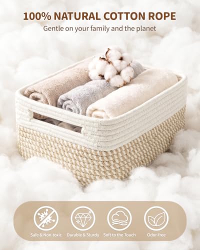 Khaki & White 5 Small Woven Storage Baskets with Handles - Organize Shelves and Drawers