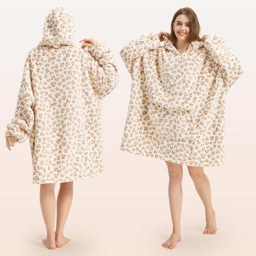 Wearable Blanket Hoodie Oversized Hoodie for Women Men - Yellow Leopard Print
