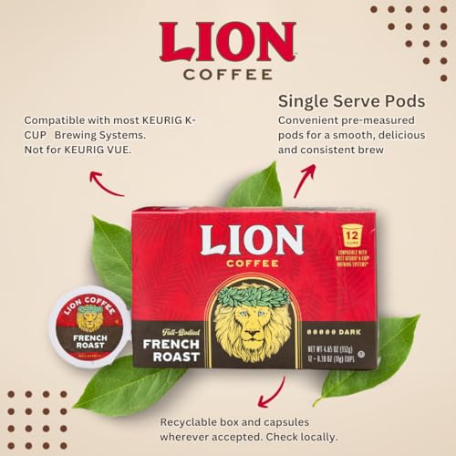 Lion Coffee French Roast Coffee, Dark Blend, Single-Serve Coffee Pods, Compatible with Keurig® Brewers, A Taste of Aloha - (12 Count Box)