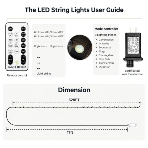 Outdoor Christmas String Lights 1000 LED Warm White with Remote & 8 Modes