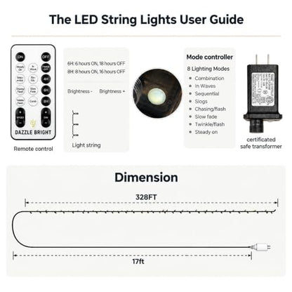Outdoor Christmas String Lights 1000 LED Warm White with Remote & 8 Modes