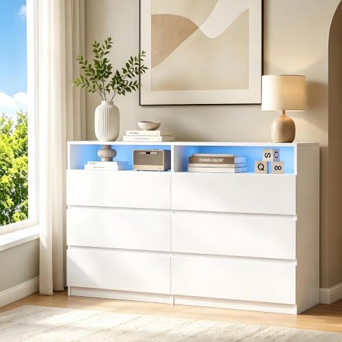 Premium 47" White Dresser with 6 Drawers, 2 Shelves & RGB Lights – Variation: White