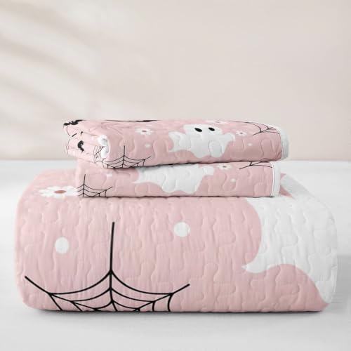 Bubblegum Pink Ghost Quilt Set King Size Halloween Bedding with Pillowcases