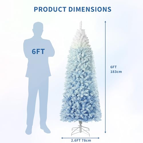 6 Ft Prelit Artificial Christmas Tree with RGB & Warm White Lights - Snow Flocked, Blue Gradient - Foldable Base