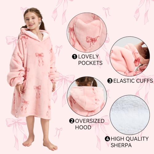 Kids Wearable Blanket Hoodie Pink Bow Oversized Cozy Winter Gift