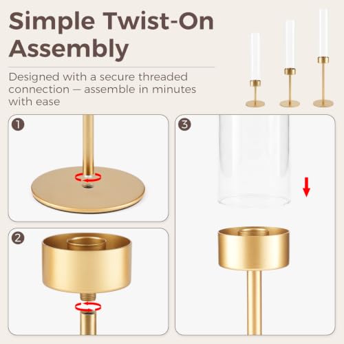 Set of 9 Gold Hurricane Glass Candle Holders with Taper Candlesticks - Varying Heights
