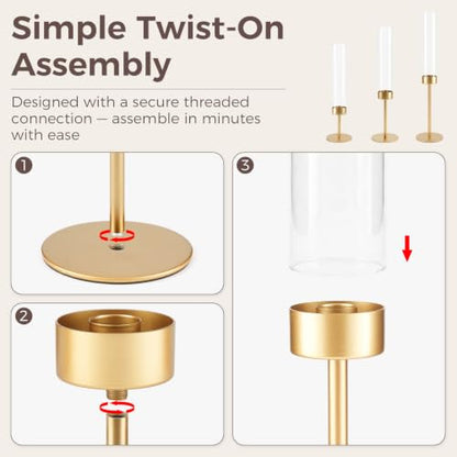 Set of 9 Gold Hurricane Glass Candle Holders with Taper Candlesticks - Varying Heights