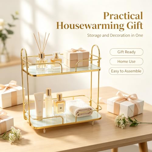 2-Tier Gold Countertop Storage Organizer with Tempered Glass Shelf for Bathroom Kitchen & Bedroom