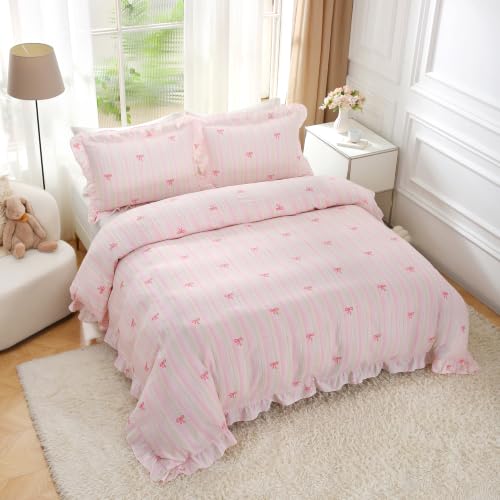 Pink Striped Bow Queen Duvet Cover Set with Ruffles - Romantic Bedding