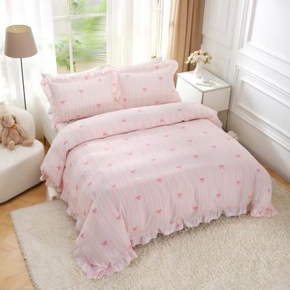 Pink Striped Bow Queen Duvet Cover Set with Ruffles - Romantic Bedding