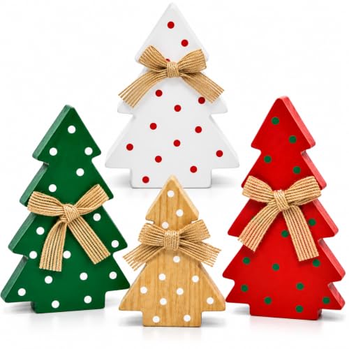 Set of 4 Wooden Christmas Tree Decorations - Holiday Centerpiece