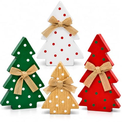 Set of 4 Wooden Christmas Tree Decorations - Holiday Centerpiece