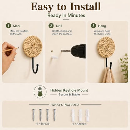 Large Woven Rattan Wall Hooks Set - Boho Coat & Hat Hangers, 2 Pack
