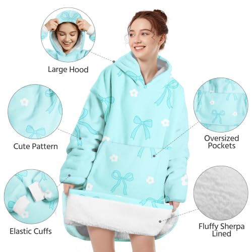 Blue Bow Oversized Animal Wearable Blanket Hoodie with Pocket for Adults & Teens