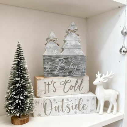 White Wooden Christmas Tree Tiered Tray Decor - Rustic Farmhouse Holiday Centerpiece