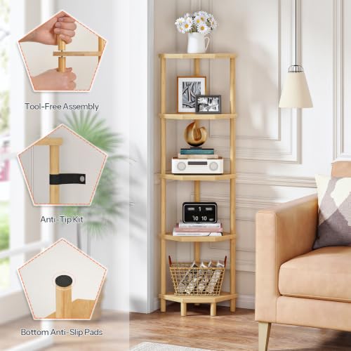 5-Tier Bamboo Corner Shelf Stand Plant Display with Tool-Free Assembly