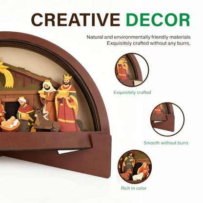 Wooden Nativity Scene with LED Light, Christmas Decoration for Home & Church