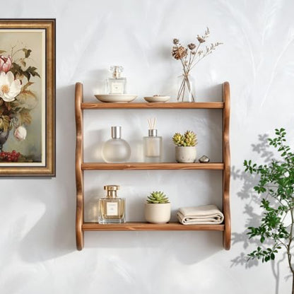 3 Tier Solid Wood Wall Shelf - Rustic Floating Storage Organizer, Brown