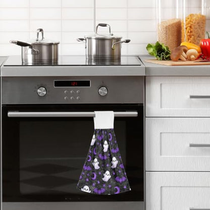 Halloween Ghosts Purple Bats Moons Kitchen Towels Set - Hanging Dish & Hand Towels, 2 Pieces, Variation of Halloween 1
