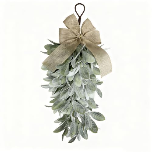 All-Season Farmhouse Flocked Lambs Ear Teardrop Swag with Burlap Bow, Rustic Door Decor