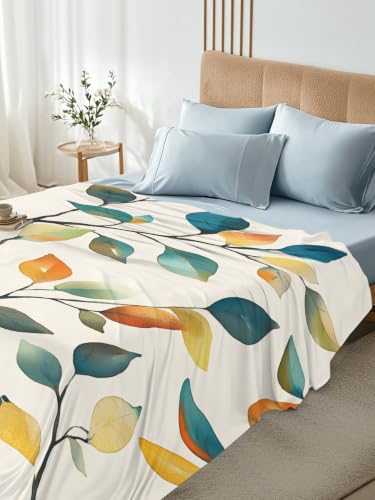 Queen Size Colorful Leaf Vine Flat Sheet - Microfiber Breathable Bed Cover in Orange Gray Blue Green