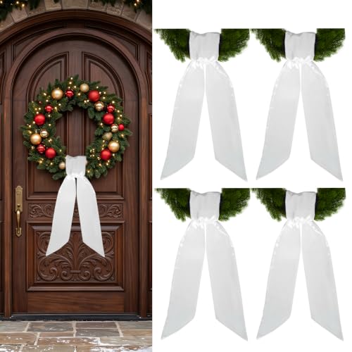 White Wreath Sash 4pcs - Embroidery Blank Satin Wreath Wrap for Front Door Decor