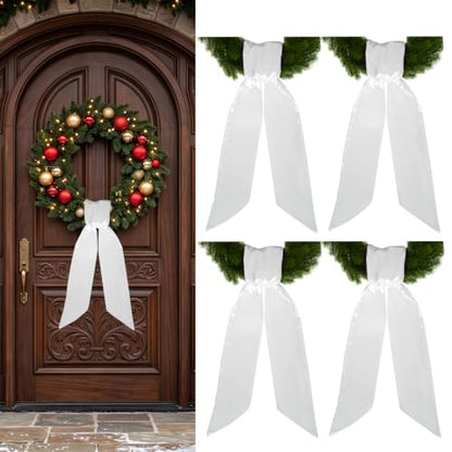 White Wreath Sash 4pcs - Embroidery Blank Satin Wreath Wrap for Front Door Decor