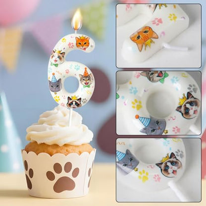 Party Cat Number Candle - Pet Themed Birthday Cake Topper - 6 - Paw Print Decoration for Cat Lovers